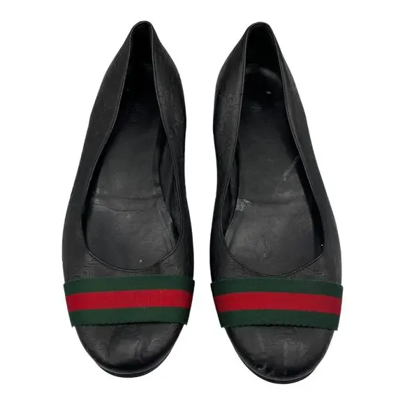 Gucci Guccissima Web Striped Leather Ballet Flats Shoes Black Size 38.5 US 8.5 - Picture 3 of 11
